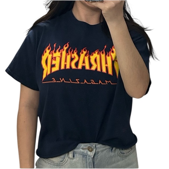 Thrasher Skating Classic Flames Navy Blue Graphic Crop Top Size Medium - Picture 5 of 5